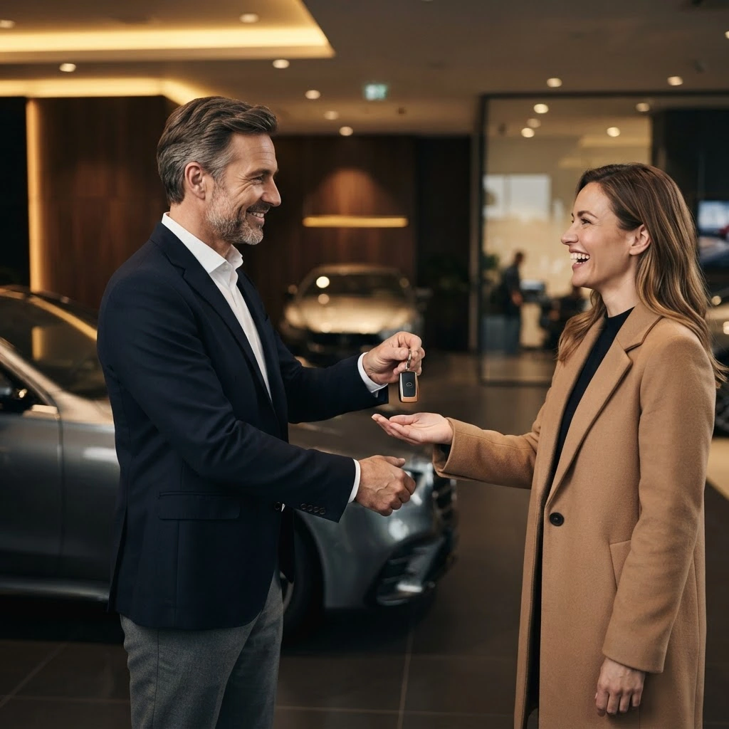 Fahrzeughändler von Autocenter Issel übergibt einem Kunden nach dem fairen Autoankauf die Schlüssel